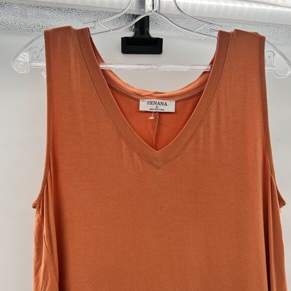 Zenana Women's Sleeveless Tunic Top V-Neck Orange Hi Low Size Large - Picture 2 of 9